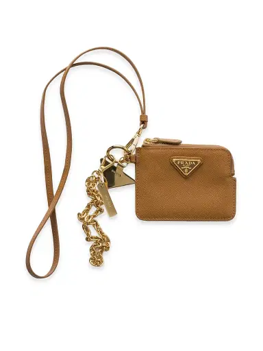 Prada Women's Saffiano Leather Card Holder with Shoulder Strap - Brown | Thumbnail 1 Prada Women's Saffiano Leather Card Holder with Shoulder Strap - Brown | Thumbnail 1