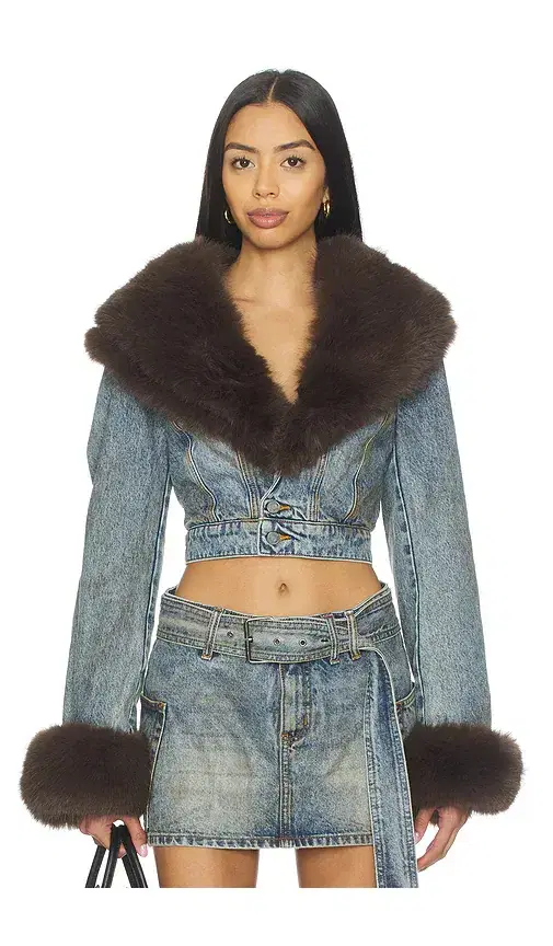 AFRM The Low Neck Denim Jacket With Faux Fur
