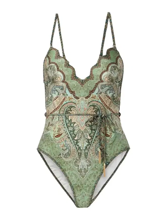 Zimmermann Wanderlust Belted Embellished Scalloped Printed Swimsuit