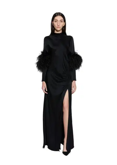 Lapointe Satin Tab Gown With Feathers | Thumbnail 1