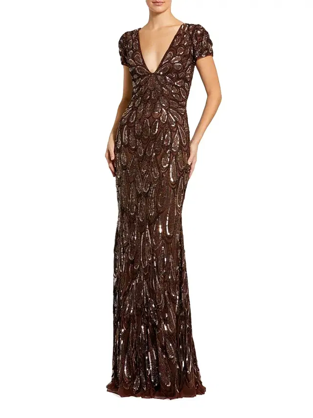 Women's Sequin & Bead-Embellished Jersey Gown - Chocolate