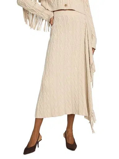 SIMKHAI Women's Kara Fringed Cotton-Blend Cable-Knit Midi-Skirt - Sand | Thumbnail 3 SIMKHAI Women's Kara Fringed Cotton-Blend Cable-Knit Midi-Skirt - Sand | Thumbnail 3