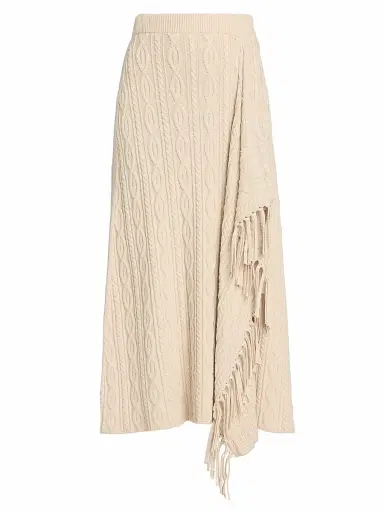 SIMKHAI Women's Kara Fringed Cotton-Blend Cable-Knit Midi-Skirt - Sand | Thumbnail 1 SIMKHAI Women's Kara Fringed Cotton-Blend Cable-Knit Midi-Skirt - Sand | Thumbnail 1