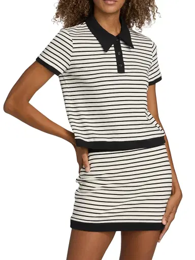 SIMKHAI Women's Cullen Striped Stretch Cotton-Blend Polo Shirt - White Stripe | Thumbnail 3 SIMKHAI Women's Cullen Striped Stretch Cotton-Blend Polo Shirt - White Stripe | Thumbnail 3