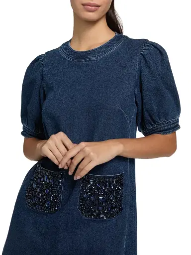 Cinq à Sept Women's Monique Rhinestone-Embellished Denim Minidress | Thumbnail 6 Cinq à Sept Women's Monique Rhinestone-Embellished Denim Minidress | Thumbnail 6
