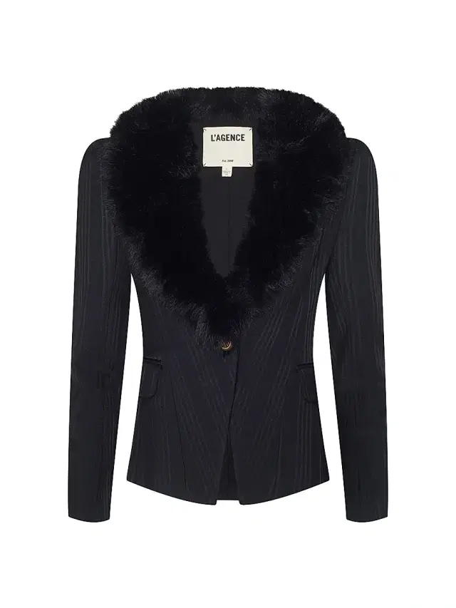 L'AGENCE Women's Kaisley Faux Fur-Trim Single-Breasted Blazer - Black Shadow Stripe