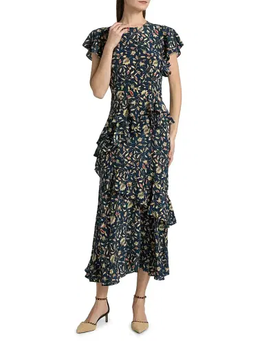 Ulla Johnson Women's Amaia Printed Ruffled Midi-Dress - Midnight Garden | Thumbnail 2