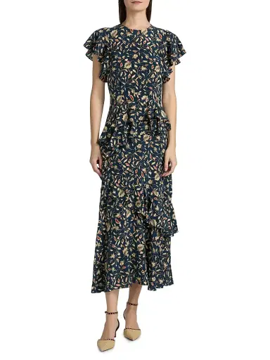 Ulla Johnson Women's Amaia Printed Ruffled Midi-Dress - Midnight Garden | Thumbnail 3