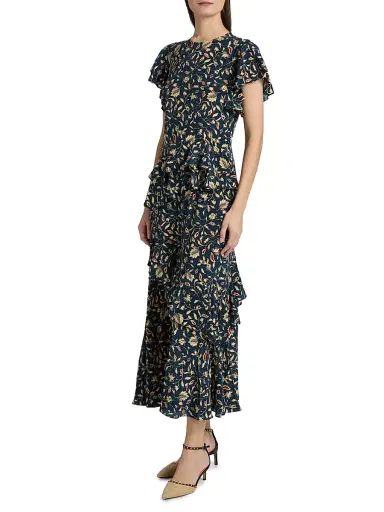 Ulla Johnson Women's Amaia Printed Ruffled Midi-Dress - Midnight Garden | Thumbnail 4