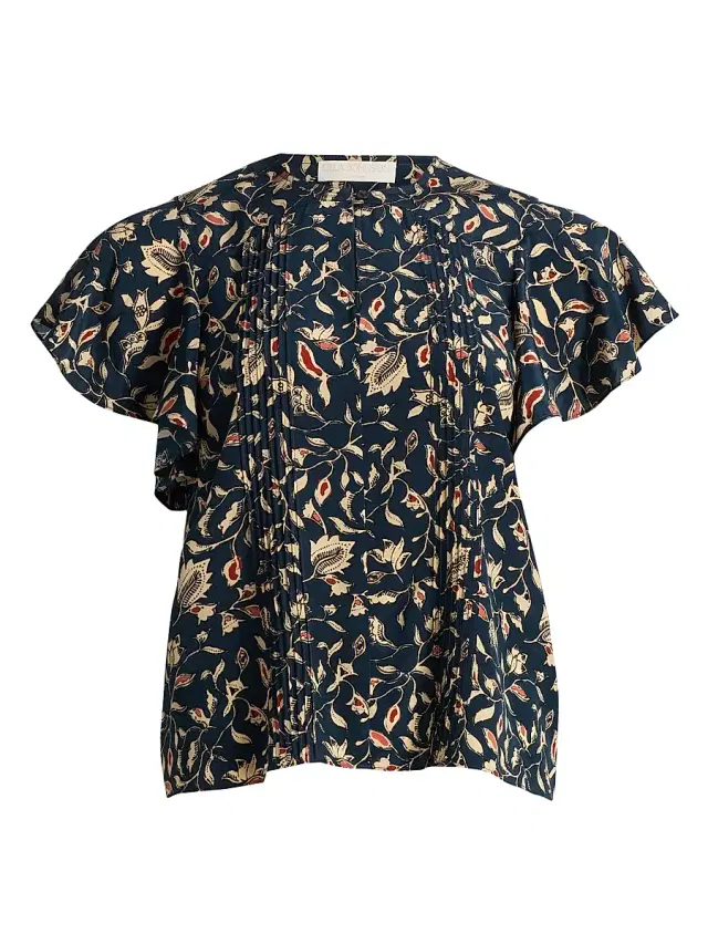 Women's Adoni Floral Silk Pintuck Top - Midnight Garden