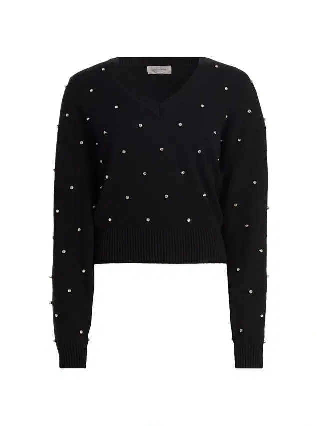 Ronny Kobo Women's Corin Crystal-Embellished V-Neck Sweater - Black