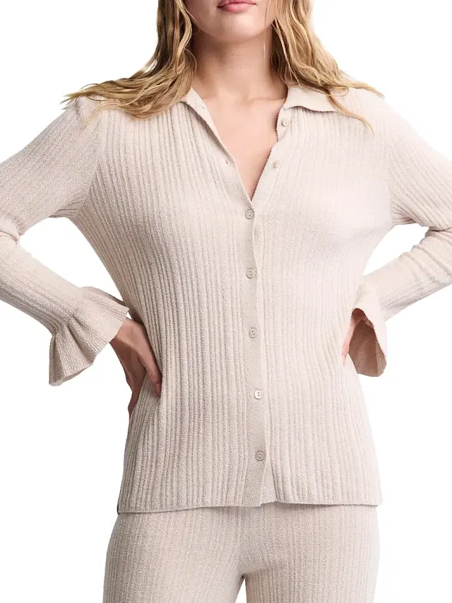 Barefoot Dreams Women's CozyChic Ultra Lite Ribbed Ruffle Cuff Sweater - Stone