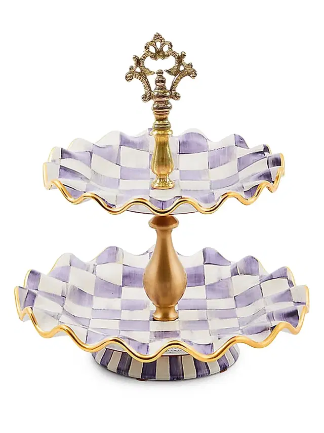 Plum Check Fluted Ceramic Two-Tier Sweet Stand