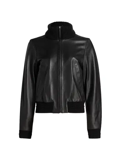 Proenza Schouler White Label Women's Elenora Rib-Knit Wool-Trimmed Leather Jacket - Black - Size 14 | Thumbnail 1 Proenza Schouler White Label Women's Elenora Rib-Knit Wool-Trimmed Leather Jacket - Black - Size 14 | Thumbnail 1