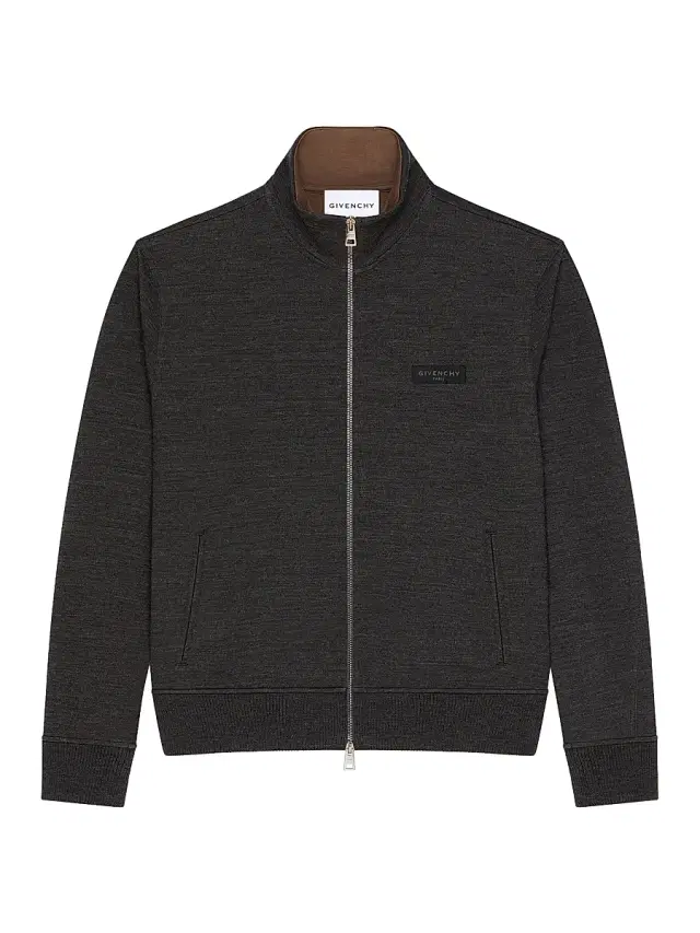 Men's Zipped Sweatshirt in Wool with Paris Gros Grain - Grey Brown