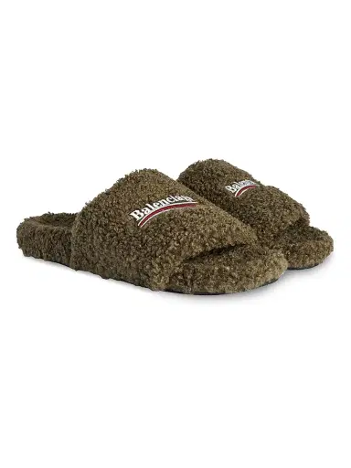 Balenciaga Men's Furry Slide Sandals - Army Green - Size 9 | Thumbnail 2