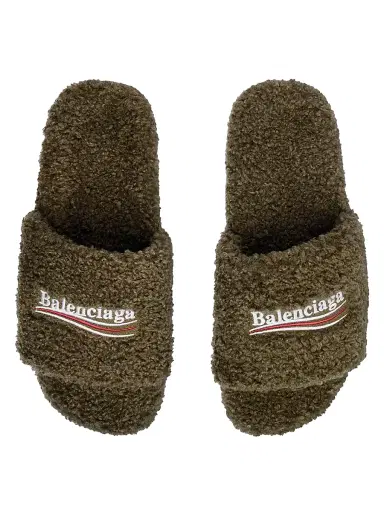 Balenciaga Men's Furry Slide Sandals - Army Green - Size 9 | Thumbnail 6