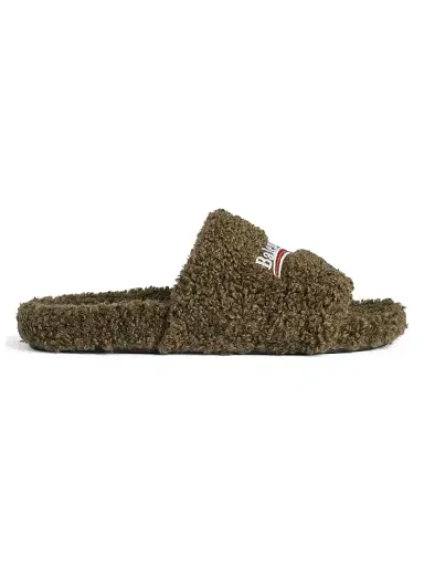 Balenciaga Men's Furry Slide Sandals - Army Green - Size 9 | Thumbnail 1