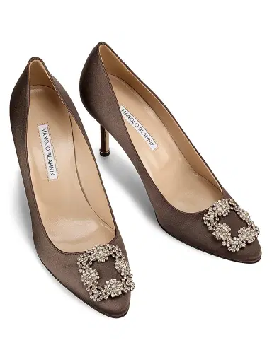 Manolo Blahnik Women's Hangisi 90MM Crystal-Embellished Satin Pumps - Dark Brown - Size 6 | Thumbnail 4