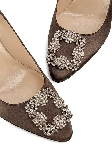 Manolo Blahnik Women's Hangisi 90MM Crystal-Embellished Satin Pumps - Dark Brown - Size 6 | Thumbnail 5