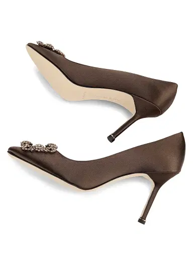Manolo Blahnik Women's Hangisi 90MM Crystal-Embellished Satin Pumps - Dark Brown - Size 6 | Thumbnail 6