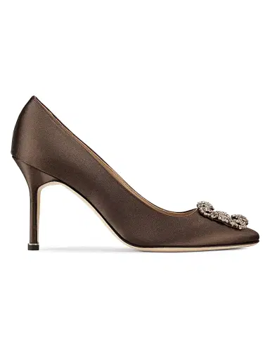Manolo Blahnik Women's Hangisi 90MM Crystal-Embellished Satin Pumps - Dark Brown - Size 6 | Thumbnail 1