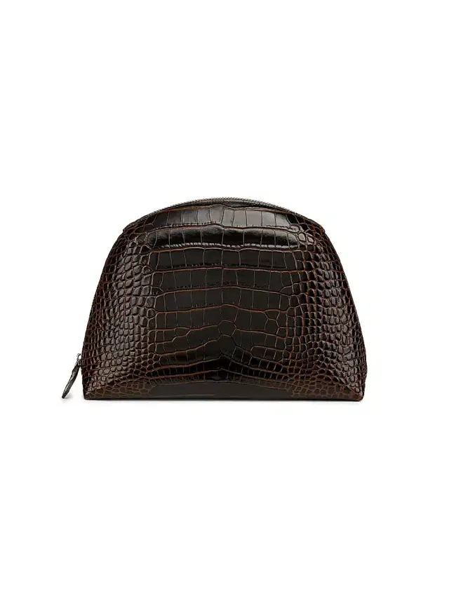 Women's Croc-Embossed Leather Pouch - Dark Brown