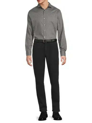 Canali Men's Solid Herringbone Woven Cotton Shirt - Dark Grey | Thumbnail 2