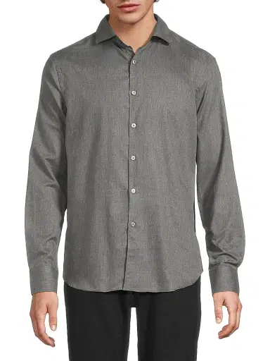 Canali Men's Solid Herringbone Woven Cotton Shirt - Dark Grey | Thumbnail 3