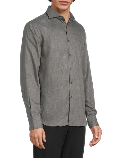 Canali Men's Solid Herringbone Woven Cotton Shirt - Dark Grey | Thumbnail 4