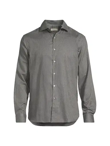 Canali Men's Solid Herringbone Woven Cotton Shirt - Dark Grey | Thumbnail 1