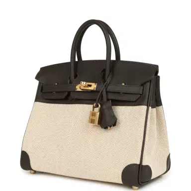 HERMÈS Hermes Birkin 25 Ecru and Beige Toile H Canvas and Bai Brun Swift Gold Hardware | Thumbnail 3