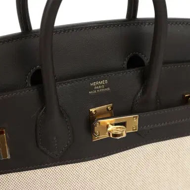 HERMÈS Hermes Birkin 25 Ecru and Beige Toile H Canvas and Bai Brun Swift Gold Hardware | Thumbnail 7