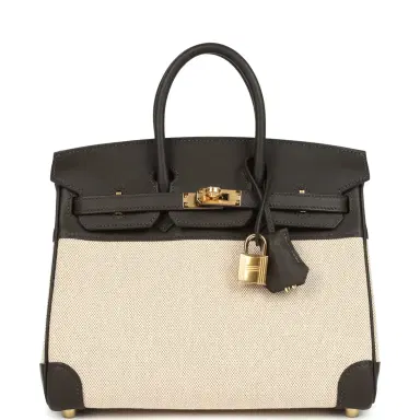 HERMÈS Hermes Birkin 25 Ecru and Beige Toile H Canvas and Bai Brun Swift Gold Hardware | Thumbnail 1