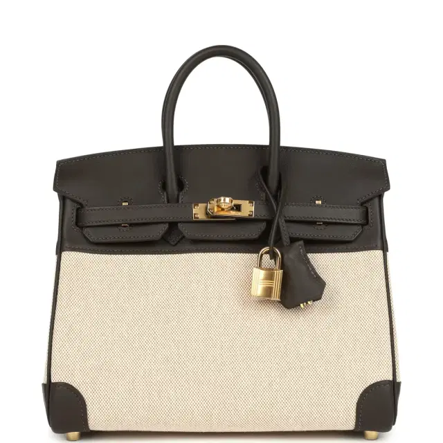 hermes Hermes Birkin 25 Ecru and Beige Toile H Canvas and Bai Brun Swift Gold Hardware