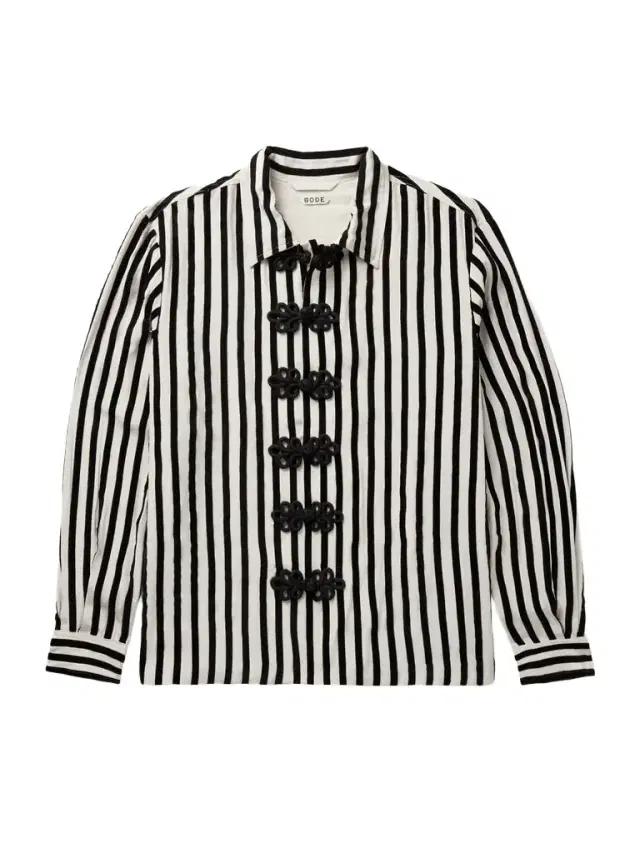 Bannister Appliquéd Velvet-Trimmed Striped Silk Shirt - Men