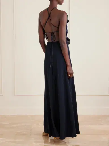 VIOLANTE NESSI Open-back Ruched Ruffled Organza-trimmed Silk-satin Halterneck Gown | Thumbnail 3