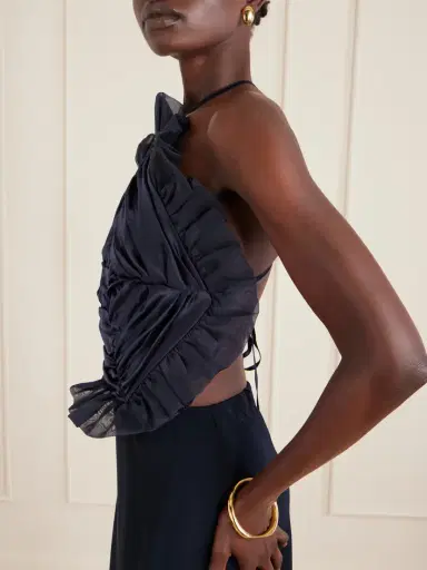 VIOLANTE NESSI Open-back Ruched Ruffled Organza-trimmed Silk-satin Halterneck Gown | Thumbnail 5