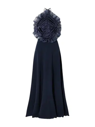 VIOLANTE NESSI Open-back Ruched Ruffled Organza-trimmed Silk-satin Halterneck Gown | Thumbnail 1
