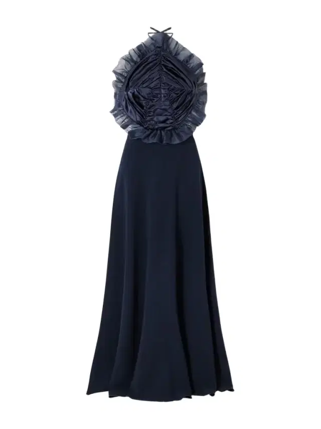Open-back Ruched Ruffled Organza-trimmed Silk-satin Halterneck Gown