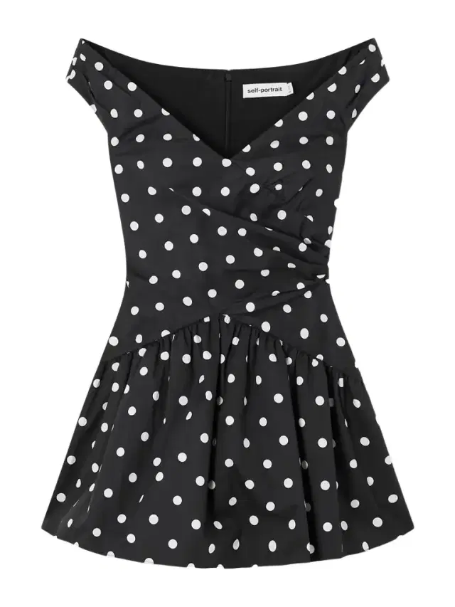 Off-the-shoulder Polka-dot Cotton Mini Dress