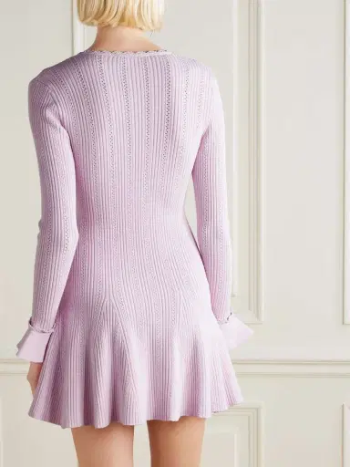 Self-Portrait Faux Pearl-embellished Ribbed Pointelle-knit Mini Dress | Thumbnail 3