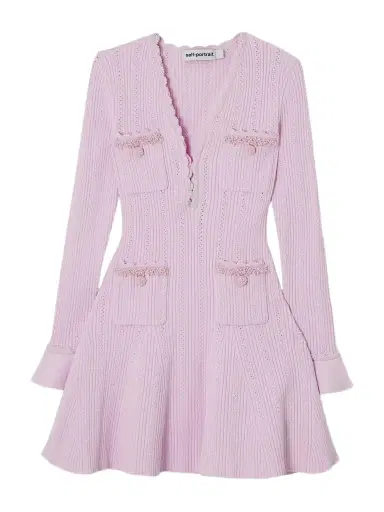 Self-Portrait Faux Pearl-embellished Ribbed Pointelle-knit Mini Dress | Thumbnail 1