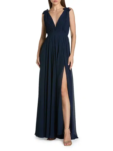 Mac Duggal Women's Ieena Pleated Chiffon Gown - Navy - Size 14 | Thumbnail 1