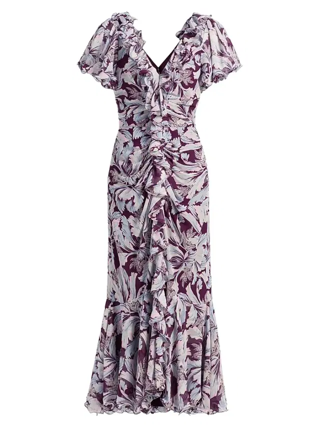 Cinq à Sept Women's Lyra Tulip-Print Ruffled Midi-Dress - Deep Plum Multi