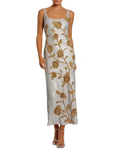 Mac Duggal Women's Cocktail Sequined Floral Mesh Dress - Platinum Gold - Size 14 | Thumbnail 1 Mac Duggal Women's Cocktail Sequined Floral Mesh Dress - Platinum Gold - Size 14 | Thumbnail 1