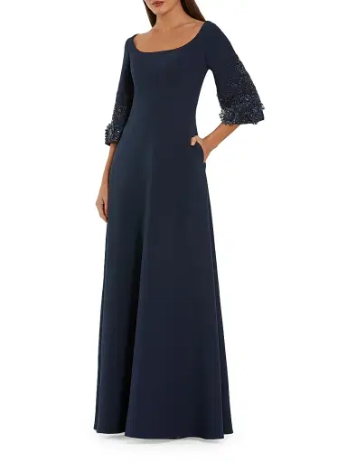 Mac Duggal Women's Evening Beaded-Sleeve Crepe Gown - Midnight - Size 20 | Thumbnail 1 Mac Duggal Women's Evening Beaded-Sleeve Crepe Gown - Midnight - Size 20 | Thumbnail 1