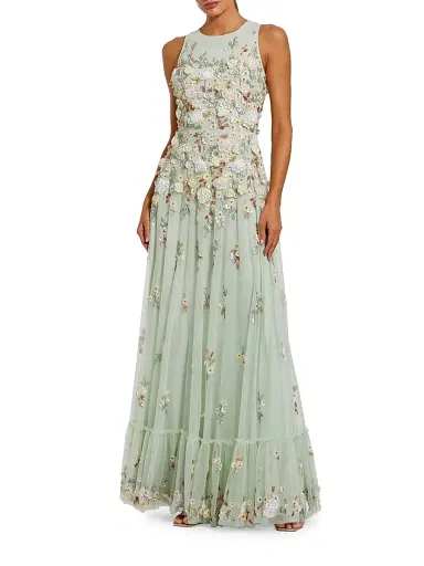 Mac Duggal Women's Evening Floral Embroidered Sleeveless Mesh Gown - Sage - Size 12 | Thumbnail 1