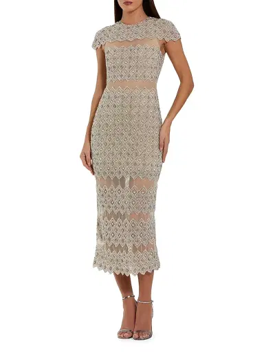 Mac Duggal Women's Cocktail Beaded Mesh Midi-Dress - Ivory Beige - Size 12 | Thumbnail 1
