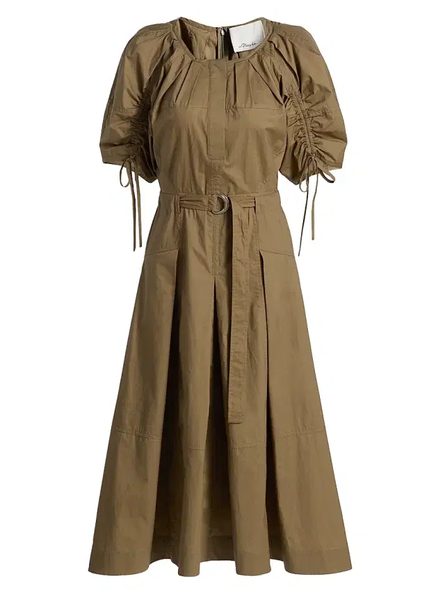 3.1 Phillip Lim Women's Ruched-Sleeve Belted Poplin Cotton Midi-Dress - Caper